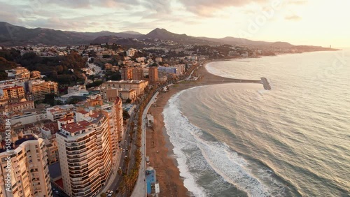 Aerial view of the beautiful beach front in Malaga city, Spain photo
