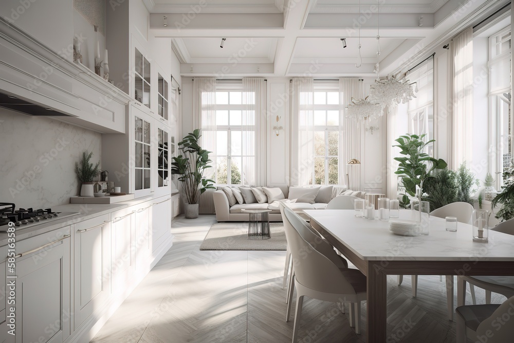 Luxurious interior design of white kitchen, dining room with windows ...