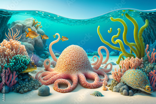 sea anemone and coral reef. cartoons of Beautiful octopuses  coral and colourful reefs and algae on the sand. 3d illustration of the sea landscape.4K  Animal Wallpaper  wildlife Background  AI.