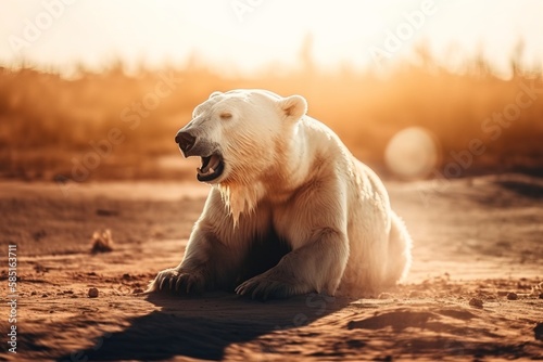 Illustration of a bear in a bad habitat, global warming concept, image created digital with generative AI