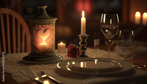 Love valentine Dinner on Table in a Candle light .Generative AI.