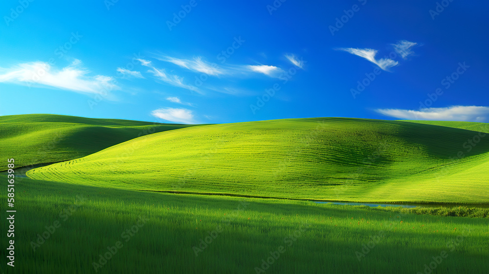 Vibrant green rolling hills under a bright blue sky with fluffy white clouds, depicting the picturesque and tranquil essence of pastoral landscapes.AI generated illustration.