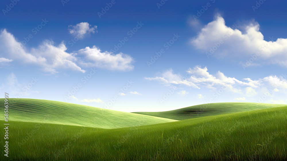 Rolling green hills stretch under a bright blue sky dotted with fluffy white clouds. The serene landscape exudes a sense of calm and open space. AI generated. Rolling green hills stretch under a bright blue sky dotted with fluffy white clouds. The serene landscape exudes a sense of calm and open space. AI generated.