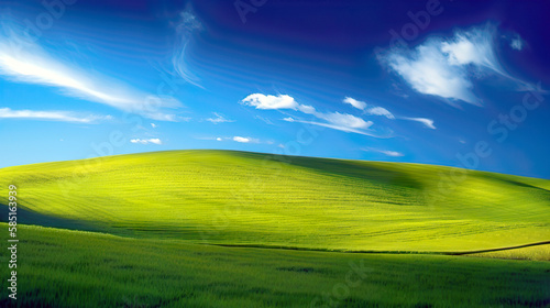 Green lush fresh spring landscape background wallpaper background illustration design with hills  blue sky  clouds and mountains. AI generated illustration.