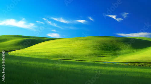 Vibrant green rolling hills under a bright blue sky with fluffy white clouds, depicting the picturesque and tranquil essence of pastoral landscapes.AI generated illustration.