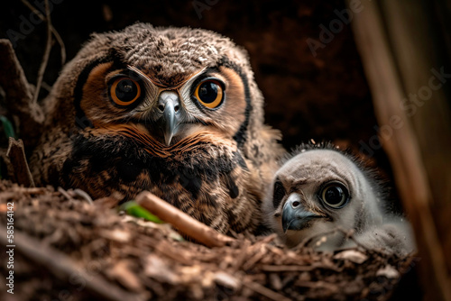 Owl and Owlet in Nighttime Adventure - Wildlife and Parent-Offspring Bond in Natural Habitat © Seguindo o Fluxo