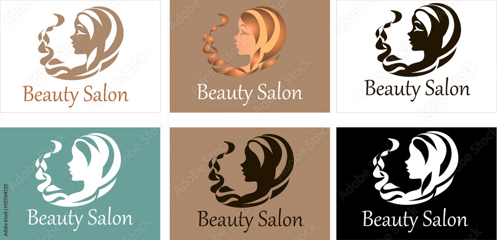 Beauty saloon. A collection of signboards for a beauty salon depicting a girl's head with a scythe..