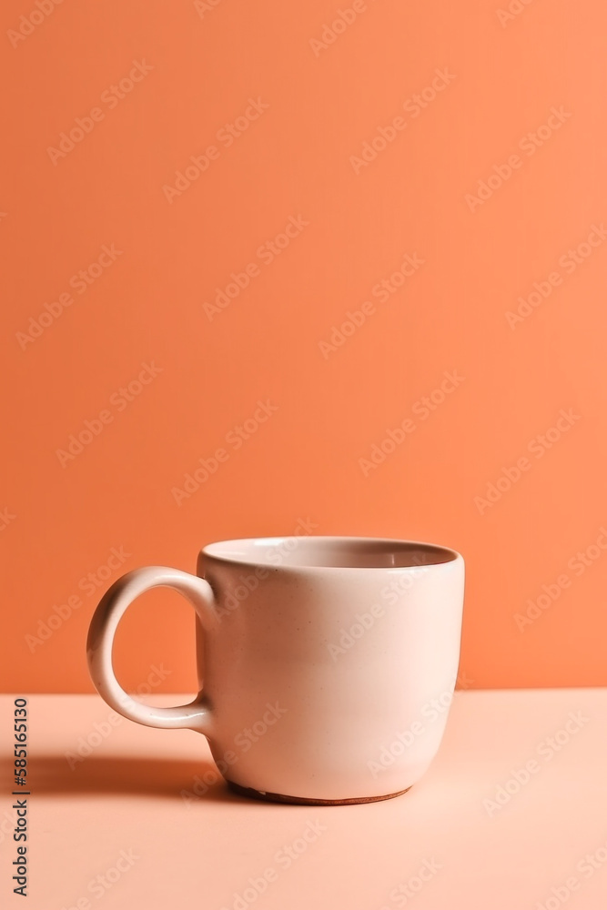 Creative handcraft ceramic mug for coffee or tea isolated on orange background, minimalist mug Creative handcraft ceramic mug for coffee or tea isolated on orange background, minimalist mug