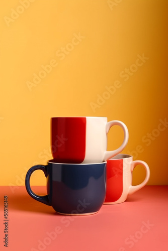 Creative handcraft stack of ceramic mug for coffee or tea with blue and red vivid painting isolated on yellow background, minimalist mug. Generative AI