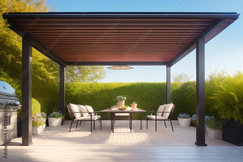 Fototapeta premium Modern patio furniture include a pergola shade structure, an awning, a patio roof, a dining table, seats. Generative AI