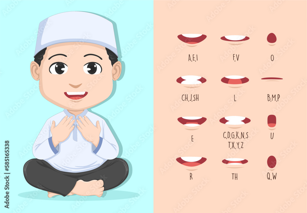 Muslim boy character praying with lip sync collection for animation