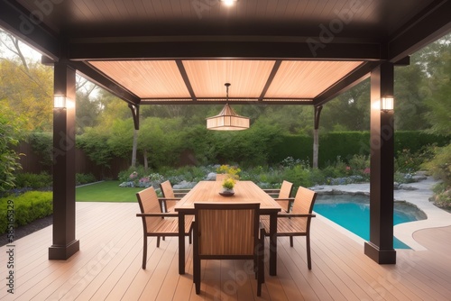 Modern patio furniture include a pergola shade structure, an awning, a patio roof, a dining table, seats. Generative AI