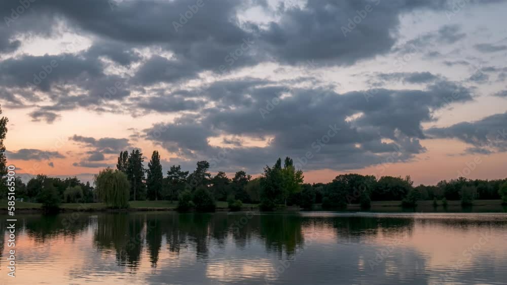 Pink Sunset Timelapse above a lake with reflection, Châteauroux, France, Pink Sunset Timelapse above a lake with reflection, Châteauroux, France,