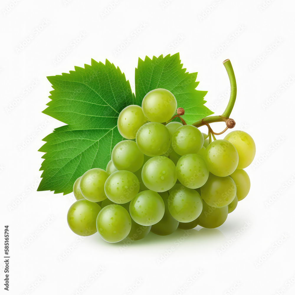 Fresh green grapes with leaves.isolated on white background.generative AI. Fresh green grapes with leaves.isolated on white background.generative AI.