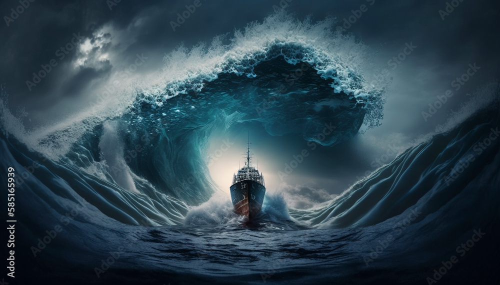A dangerous journey in a boat on the ocean little boat.Generative AI. A dangerous journey in a boat on the ocean little boat.Generative AI.