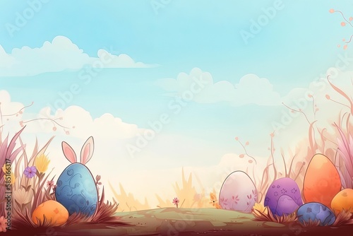 Easter background with colorful easter eggs on blue background with copy space. Generative AI