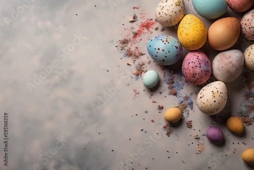 Top view of colorful easter eggs with copy space. Easter background. Generative AI