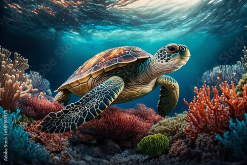 green sea turtle swimming in the Underwater world to enjoy nature, Turtle, corals, 3d water floor, Bright sky, Safe Atmosphere, HQ landscape, 4K, Animal Wallpaper, wildlife Background, AI.