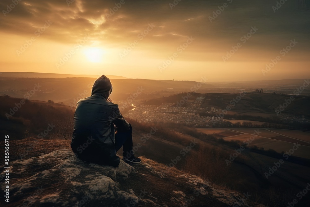 Fototapeta premium A man sits on a hill looking at the sunset, generative ai image
