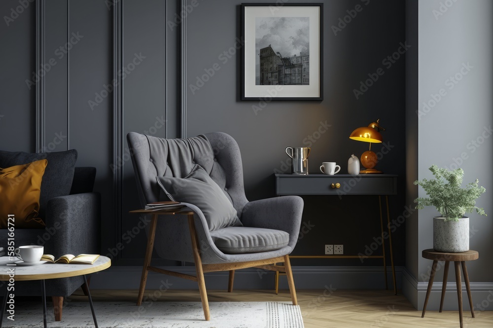 Modern living room interior with grey wall, grey armchair and wood side table Generative AI Modern living room interior with grey wall, grey armchair and wood side table Generative AI