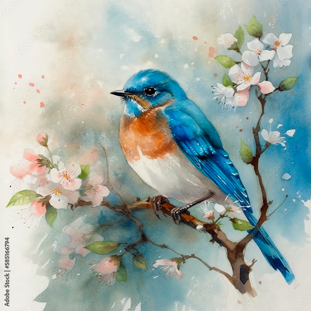 Watercolor birds on flowering branches. Generative AI technology.	