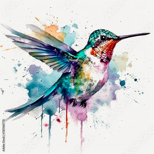 Watercolor bird hummingbird. Generative AI technology.