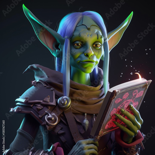 3d portrait of a female goblin cleric with a spell