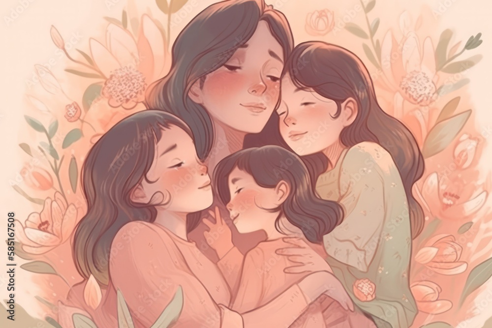 peach pink mother's day card. A young mother hugs her children. concept of a diverse family. generative AI