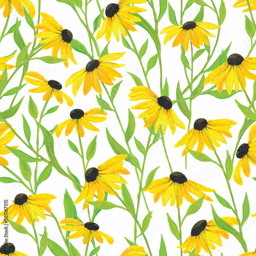 Raster illustration. Hand painted watercolor black-eyed Susan flower seamless repeat pattern. Best for packaging, home décor, bedding and wallpaper.