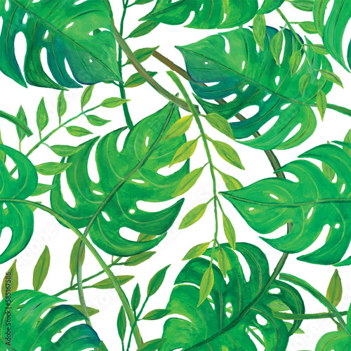 Vector illustration. Hand painted watercolor tropical monstera leaves seamless repeat pattern. Best for bedding and home décor.