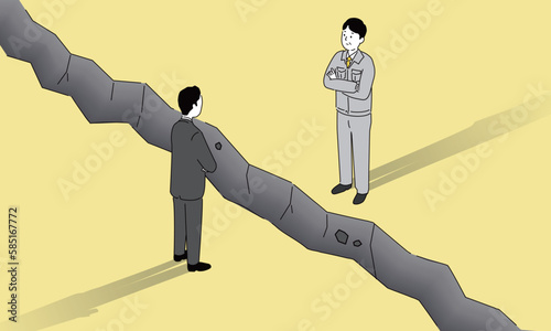 崖の上に立つ2人の男性、対立の概念的イメージ、営業職と技術職、ブログイラスト、ベクター