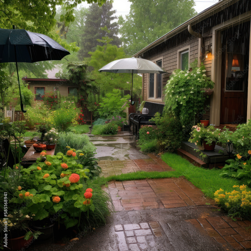 Naklejka premium Rainy Day Yard, AI