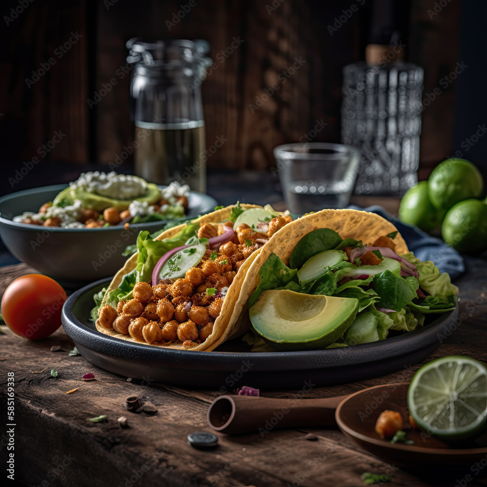 Chickpea and Advocado Tortillas on a Plate on a Wooden Table-Generative AI