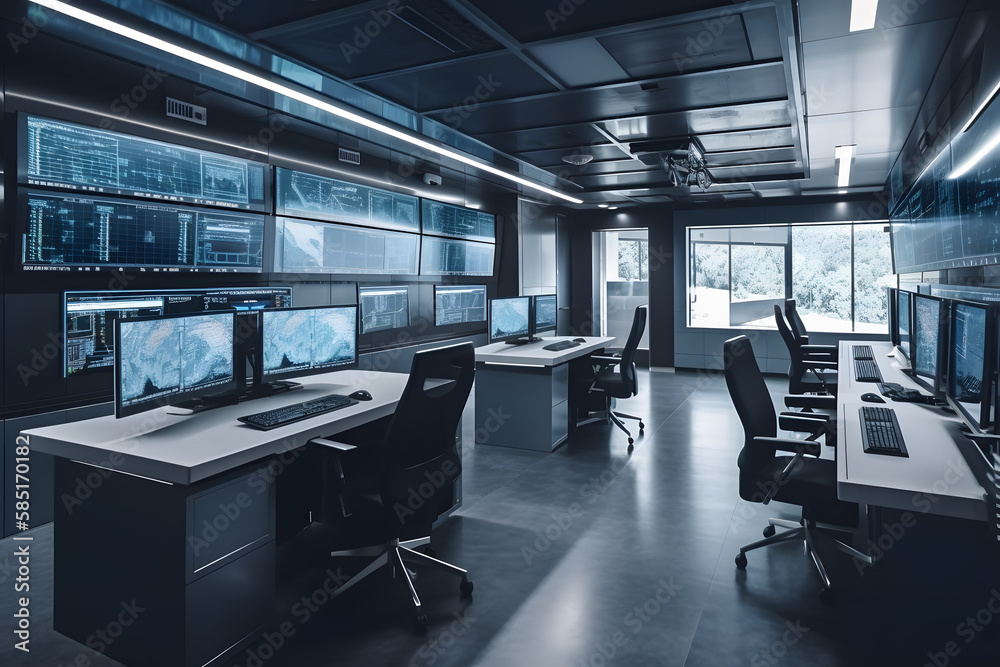 Empty interior of big modern security system control room, workstation with multiple displays, monitoring room with at security data center Empty office, desk, and chairs. Generative Ai. - obrazy, fototapety, plakaty 