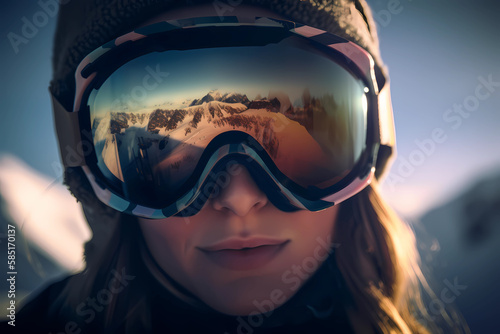 Woman in mirror goggles looking at Alps