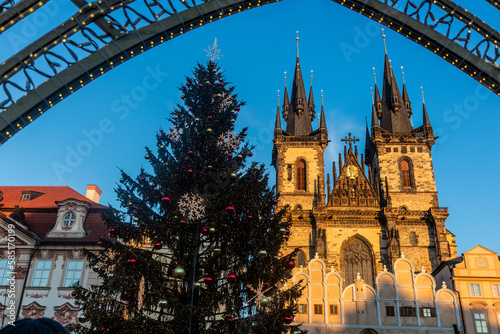 View of a Christmas tree and the Church of Our Lady before Tyn on the Old town square in Prague, Czech Republic photo