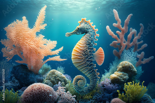 Illustration for 3d floor, Underwater world, Seahorse, the coral reef in the sea, corals, Bright sky, Safe Atmosphere, HQ landscape, 4K, Animal Wallpaper, wildlife Background, AI.