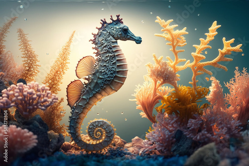 Red Seahorse with corals in the Underwater world to enjoy nature, Seahorse, corals, 3d water floor, Bright sky, Safe Atmosphere, HQ landscape, 4K, Animal Wallpaper, wildlife Background, AI. © aqib
