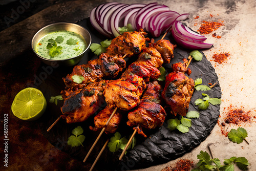 Indian chicken tikka on skewers, Indian dish, Generative AI photo
