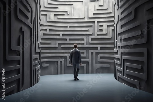 businessman walking in labyrinth cement wall to success way and finding solution, how to success and pass obstacles in business concept. generative AI 