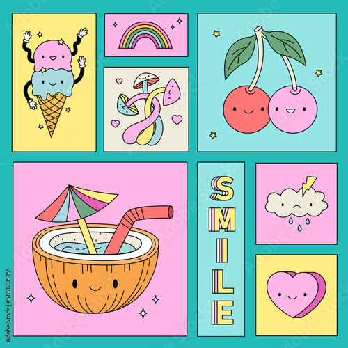 Collage retro elements in trendy y2k cartoon style. Social media post, poster, cover or postcard.