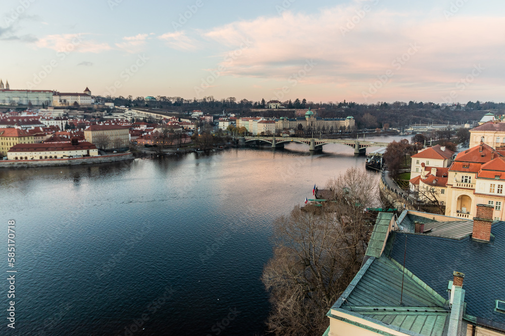 Aerial view of Vltava river in Prague, Czech Republic