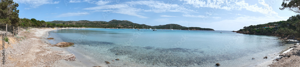 panoramic view of the beach of Rondinara, beautiful mediterranean beach with turquoise water on the island of Corsica, France.