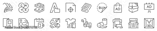 Printing industry. Symbol collection in transparent background. Editable vector stroke. 512x512 Pixel Perfect.
