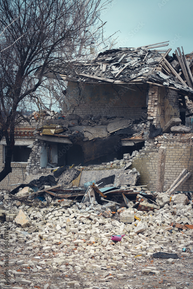 Cities and villages affected by the war. Russian invasion of Ukraine. Destroyed houses.