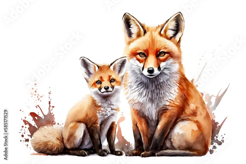 Wallpaper Mural Fox mother and baby. Cute cartoon fox family. White  background. Greeting card. Watercolor cartoon illustration. Generative AI Torontodigital.ca
