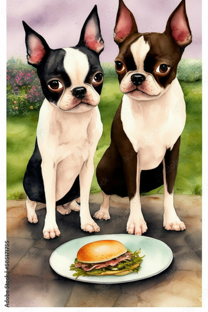 Two Boston terriers on ground staring at hamburger and French fries