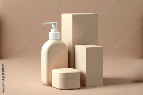set of dispenser bottles mock up containers, blank product box, marketing packaging display template, cosmetic brand isolated on background, plastic matte ceramic texture, 3D generative ai  © Anna Elizabeth