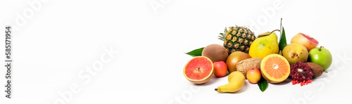 Assortment of exotic tropical fruits isolated on white background. Header banner mockup with space. AI generated.