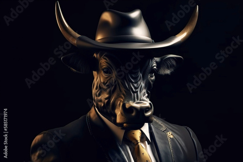 Animal horned bull in cowboy hat gentleman and boss. AI generated.